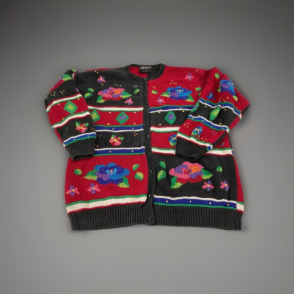 vtg 89 BEREK Marta D Floral Pima Cotton Cardigan Sweater Uruguay L Grandmacore‎